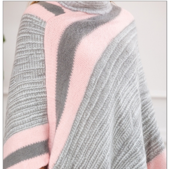 Pink&Grey Turtleneck Poncho Shawl with fringe - Picture 3 of 6